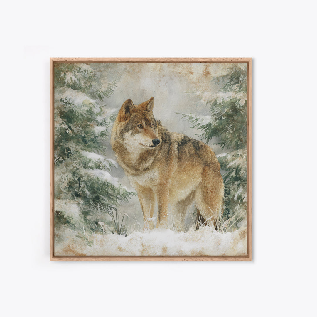 Wolf Standing Beneath Snowy Pine Trees Framed Canvas Print, Wildlife Art, Rustic Home Decor, Living Room Decor, Oil Painting, WIL-1x1-51