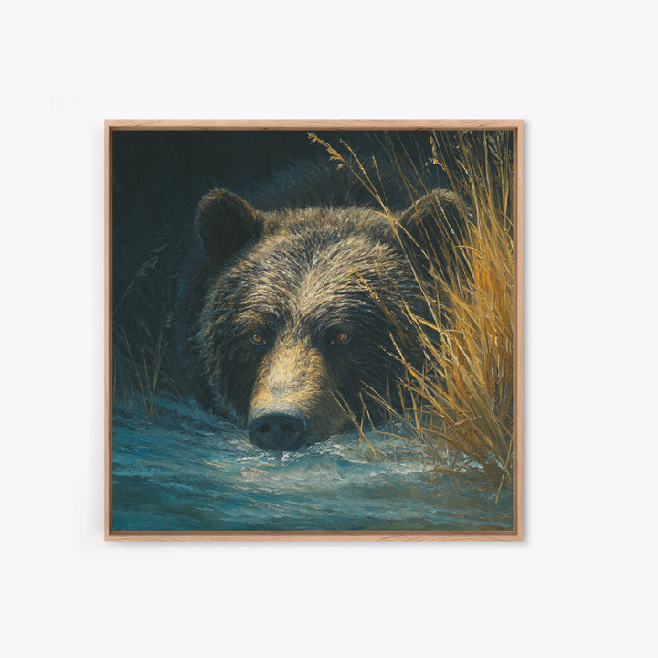 Bear Fishing in Rushing Mountain River Framed Canvas Print, Wildlife Art, Bedroom Wall Art, Living Room Decor, Fine Art, Wild, WIL-1x1-52