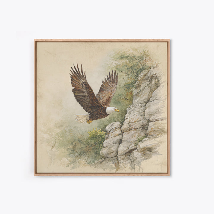 Eagle Soaring Above Rocky Cliffs Canvas Print, Wildlife Art, Bird Wall Art, Living Room Decor, Oil Painting, Wild, Luxury Decor, WIL-1x1-54