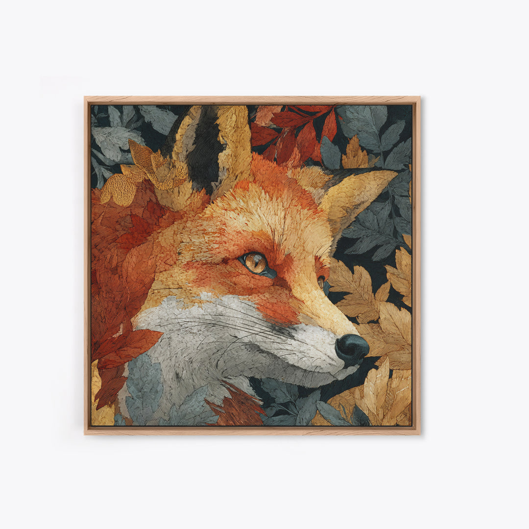Fox in Autumn Forest Leaves Framed Canvas Print, Wildlife Art, Statement Artwork, Living Room Decor, Fine Art, Wild, Wall Decor, WIL-1x1-57
