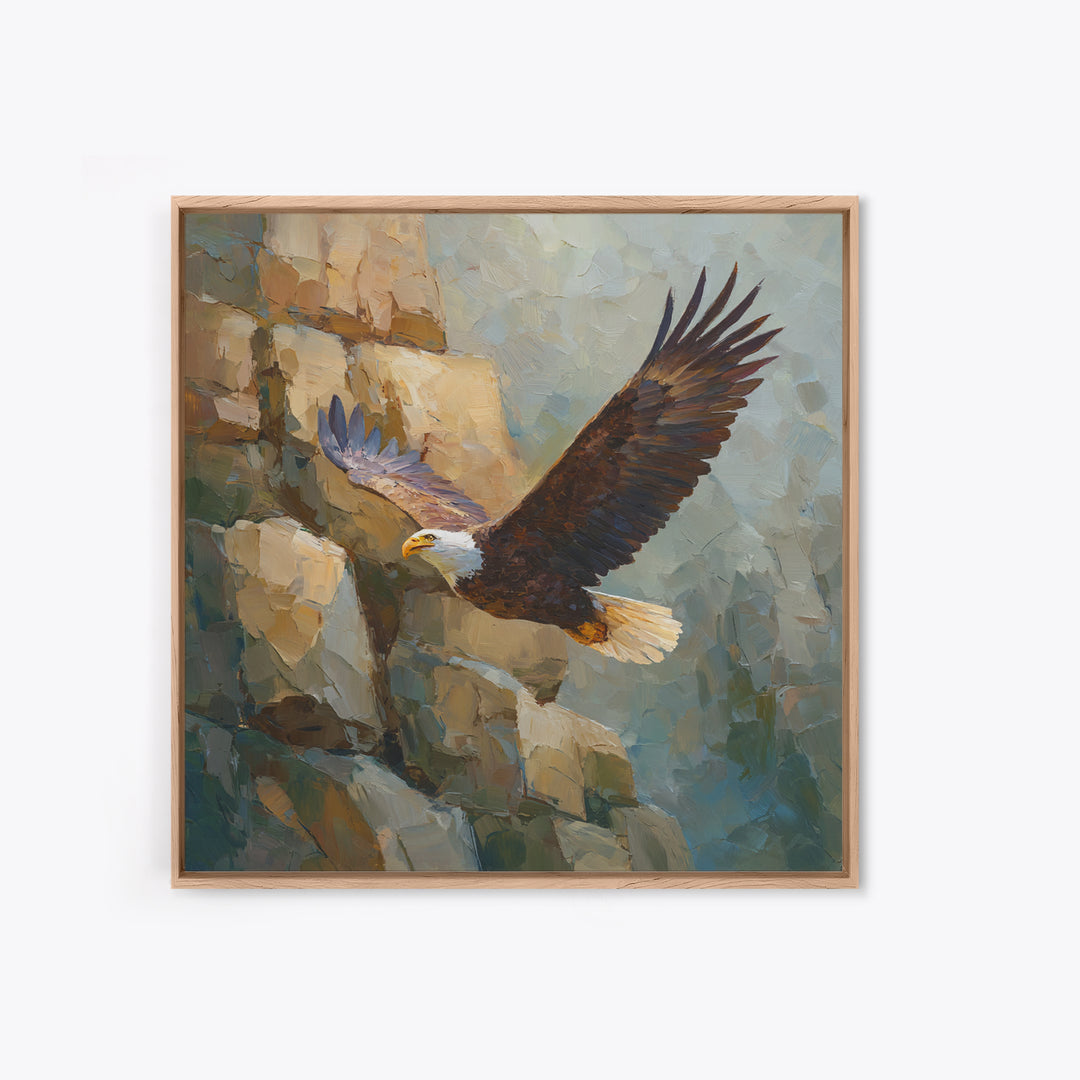 Eagle Soaring Above Rocky Cliffs Framed Canvas Print, Wildlife Art, Modern Art, Living Room Decor, Watercolor Art, Wild, WIL-1x1-6