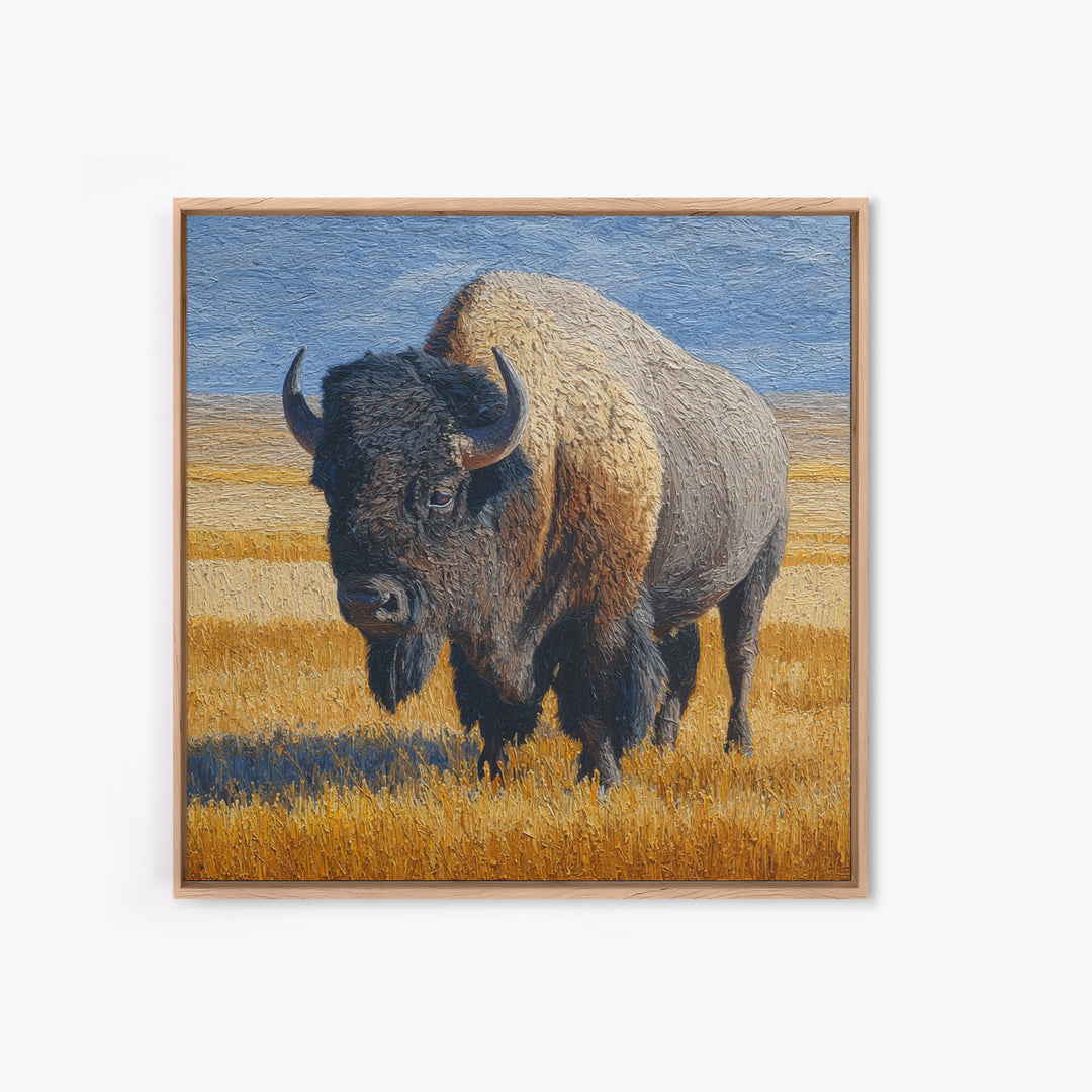 Bison on Wide Western Prairie Framed Canvas Print, Wildlife Art, Original Artwork, Living Room Decor, Oil Painting, Wild, WIL-1x1-61