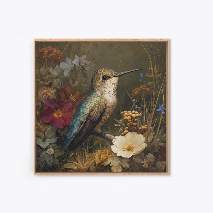 Hummingbird Beside Bright Flowers Framed Canvas Print, Wildlife Art, Bird Art, Living Room Decor, Watercolor Art, Wild, WIL-1x1-64