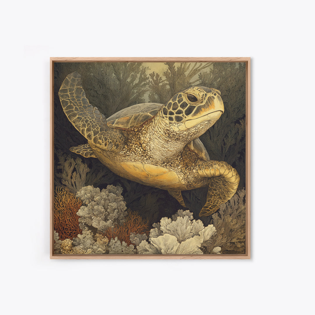 Sea Turtle over Coral Reef Framed Canvas Print, Wildlife Art, Digital Download Art, Living Room Decor, Abstract Art, Wild, WIL-1x1-66