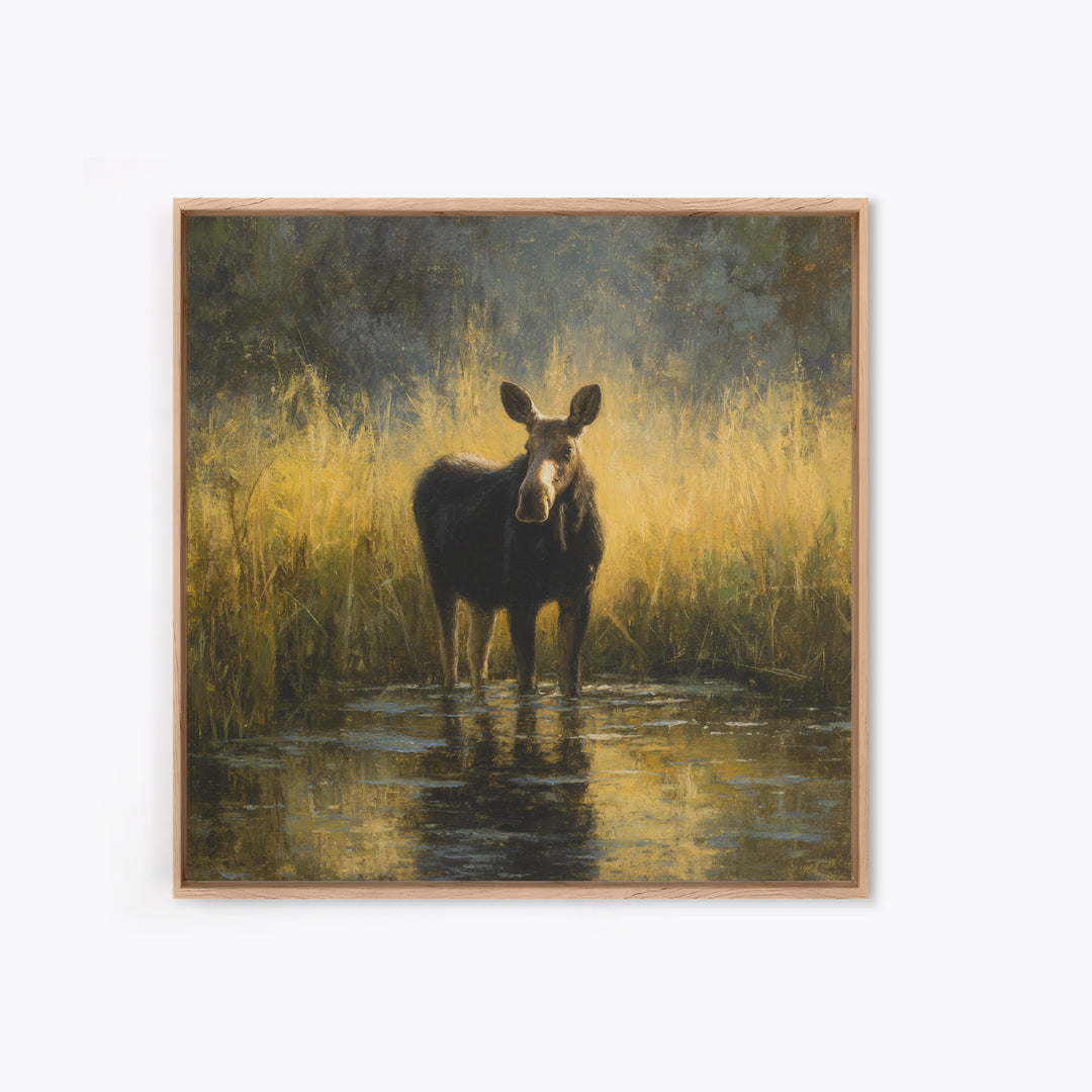 Moose Standing in Reflective Lake Framed Canvas Print, Wildlife Art, Gallery Decor, Living Room Decor, Fine Art, Wild, WIL-1x1-67