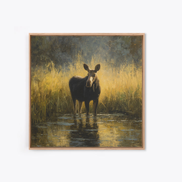 Moose Standing in Reflective Lake Framed Canvas Print, Wildlife Art, Gallery Decor, Living Room Decor, Fine Art, Wild, WIL-1x1-67