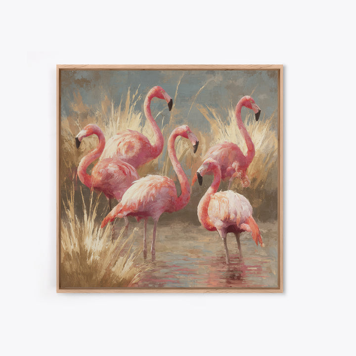 Flamingos in Pink Shallow Water Framed Canvas Print, Wildlife Art, Living Room Art, Living Room Decor, Fine Art, Wild, WIL-1x1-70