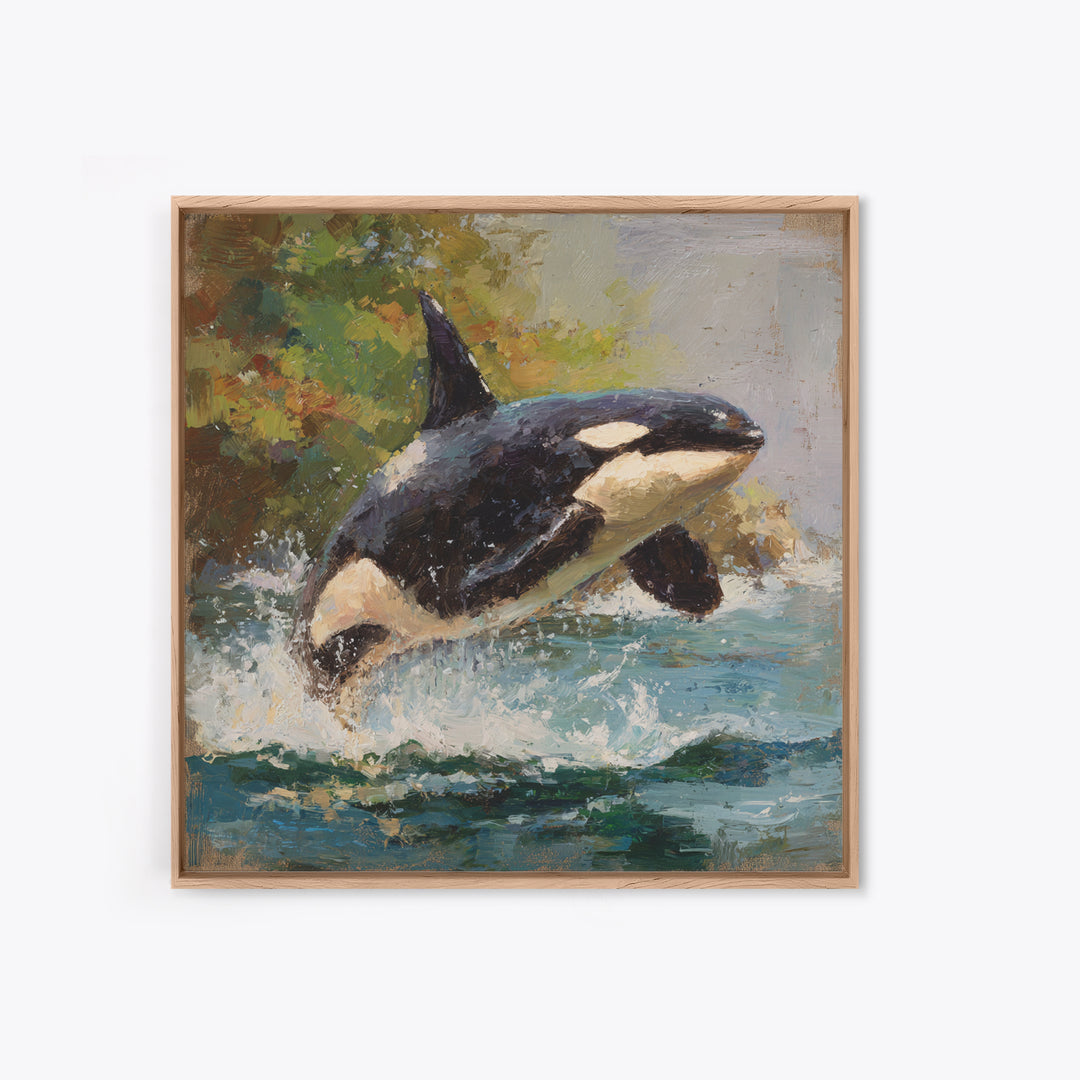 Orca Breaching in Cold Ocean Framed Canvas Print, Wildlife Art, Nature Wall Art, Living Room Decor, Fine Art, Wild, Art Print, WIL-1x1-71
