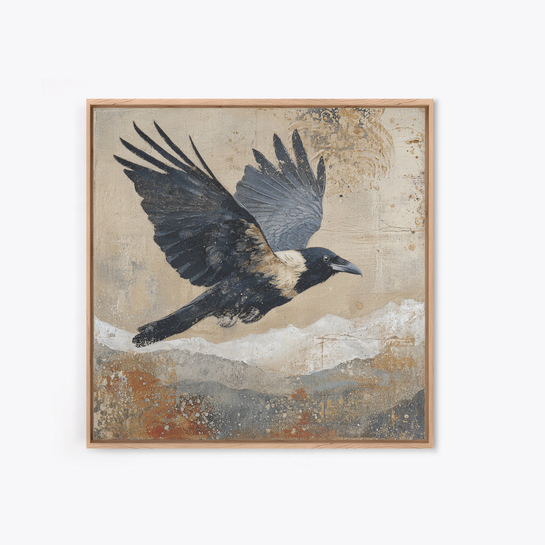 Raven Flying Through Snowy Mountains Framed Canvas Print, Wildlife Art, Bird Wall Art, Living Room Decor, Fine Art, Wild, WIL-1x1-72