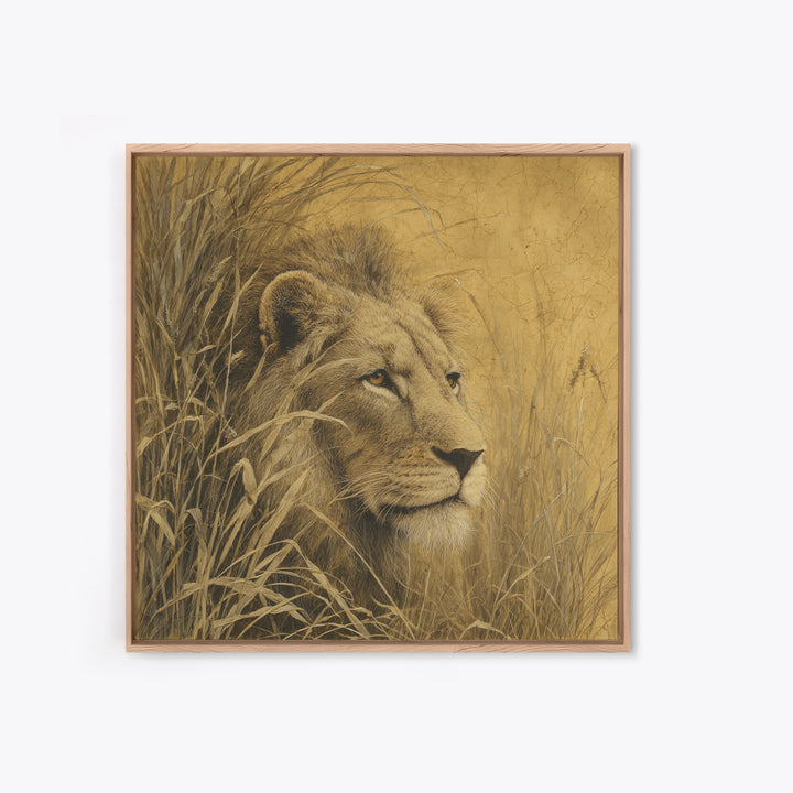 Lion Emerging from Golden Savanna Grass Framed Canvas Print, Wildlife Art, Art Print, Living Room Decor, Watercolor Art, Wild, WIL-1x1-73