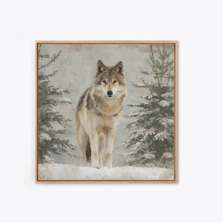Wolf Standing Beneath Snowy Pine Trees Canvas Print, Wildlife Art, Modern Decor, Living Room Decor, Fine Art, Wild, Home Decor, WIL-1x1-75