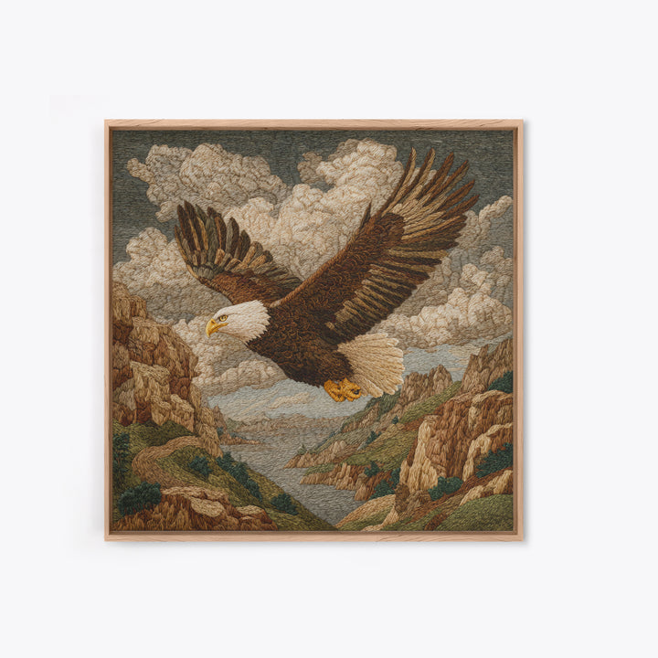Eagle Soaring Above Rocky Cliffs Framed Canvas Print, Wildlife Art, Gallery Decor, Living Room Decor, Fine Art, Wild, WIL-1x1-78