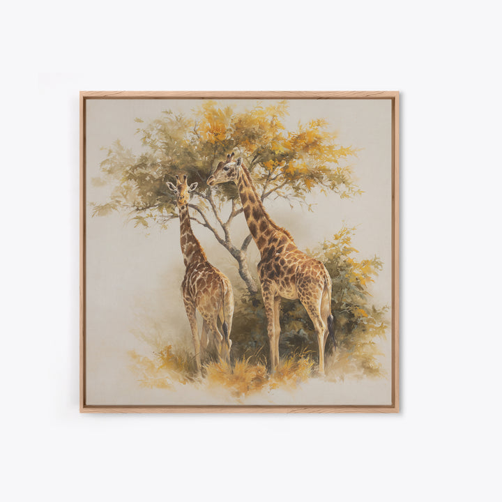 Giraffe Pair under Acacia Tree Framed Canvas Print, Wildlife Art, Fine Art Print, Living Room Decor, Oil Painting, Wild, WIL-1x1-79