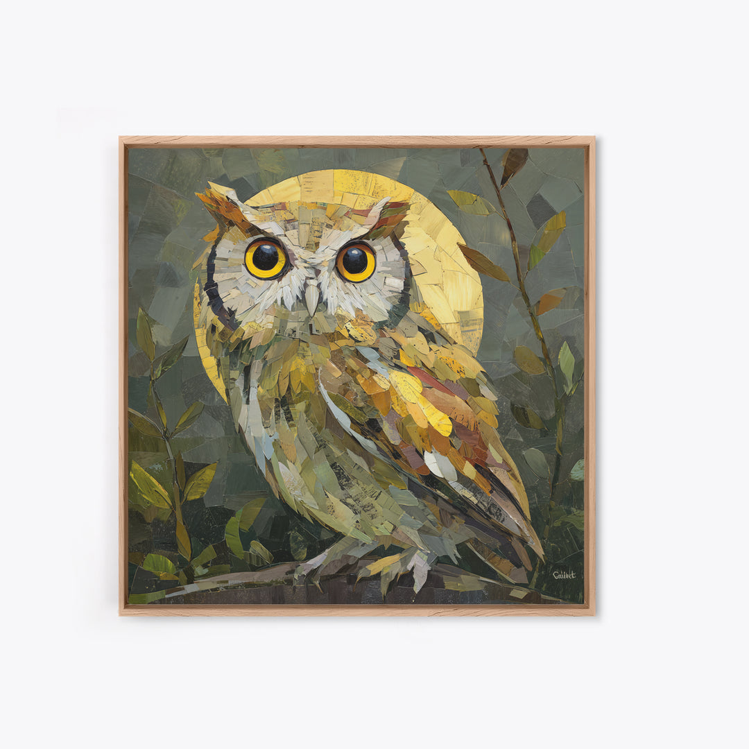 Owl Perched in Moonlit Woodland Framed Canvas Print, Wildlife Art, Nature Wall Art, Living Room Decor, Abstract Art, Wild, WIL-1x1-84