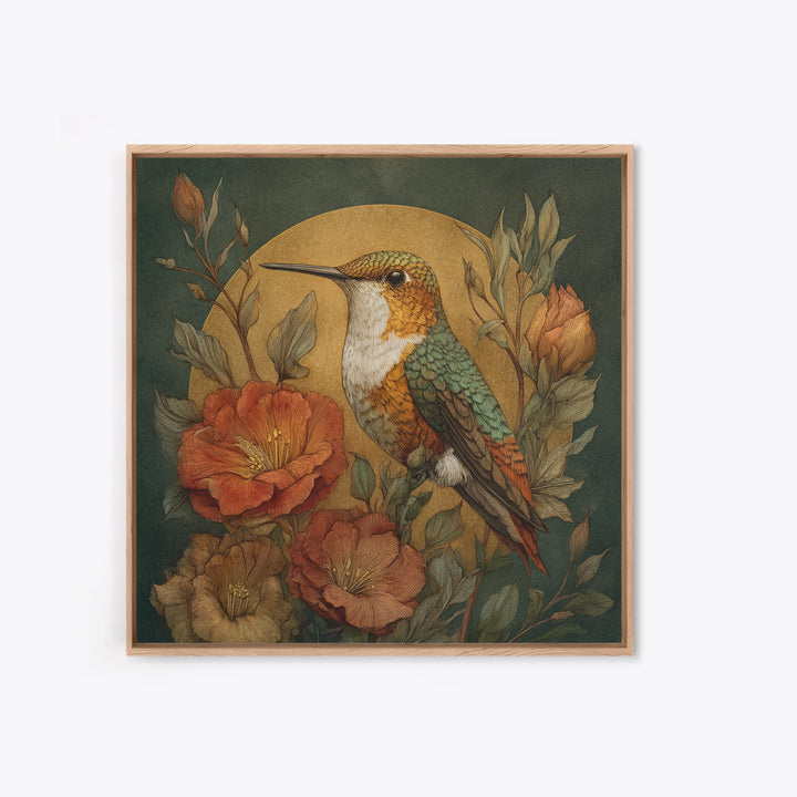 Hummingbird Beside Bright Flowers Framed Canvas Print, Wildlife Art, Textured Painting, Living Room Decor, Oil Painting, Wild, WIL-1x1-88