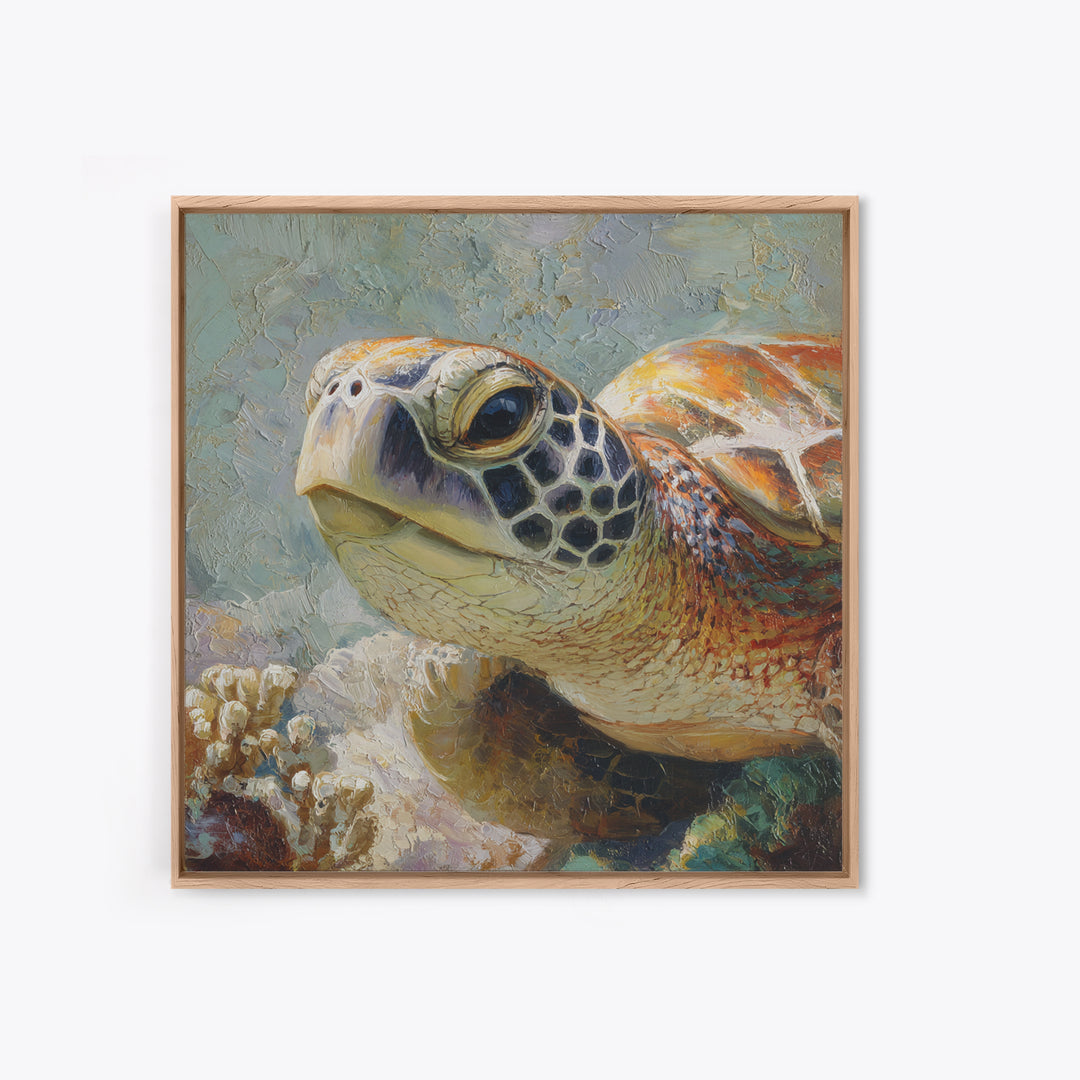 Sea Turtle over Coral Reef Canvas Print, Wildlife Art, Forest Wall Art, Living Room Decor, Fine Art, Wild, Textured Painting, WIL-1x1-90