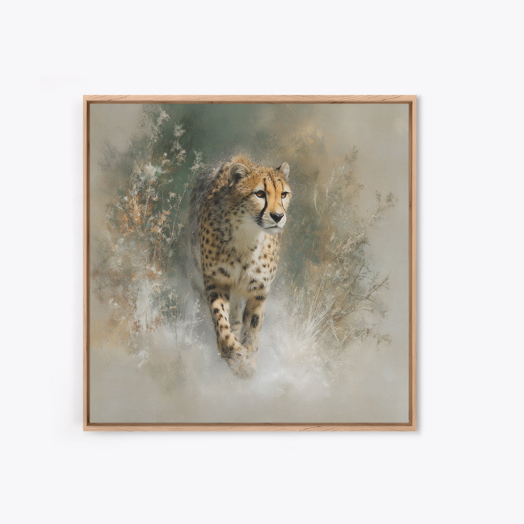 Cheetah Running Through Warm Dust Framed Canvas Print, Wildlife Art, Luxury Decor, Living Room Decor, Oil Painting, Wild, WIL-1x1-93