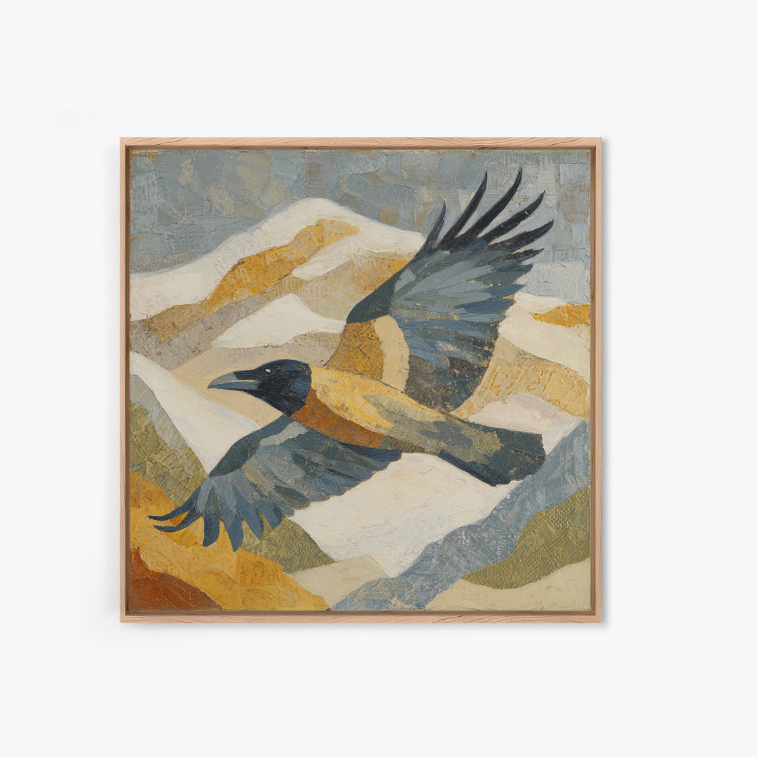 Raven Flying Through Snowy Mountains Framed Canvas Print, Wildlife Art, Painting, Living Room Decor, Watercolor Art, Wild, WIL-1x1-96