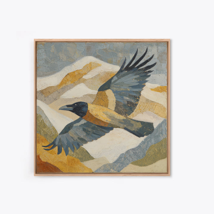 Raven Flying Through Snowy Mountains Framed Canvas Print, Wildlife Art, Painting, Living Room Decor, Watercolor Art, Wild, WIL-1x1-96