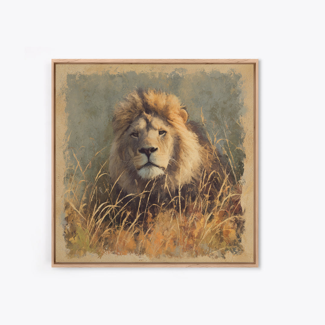 Lion Emerging from Golden Savanna Grass Canvas Print, Wildlife Art, Wall Art, Living Room Decor, Oil Painting, Wild, WIL-1x1-97
