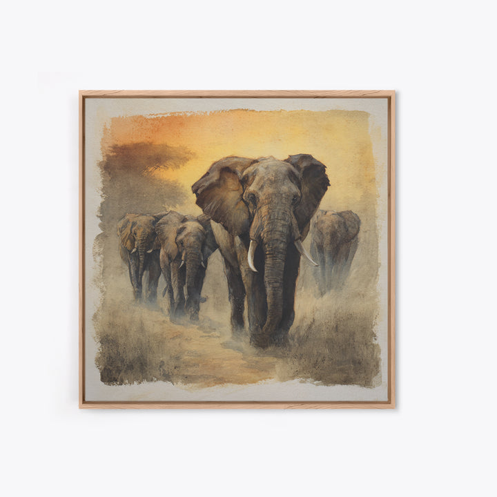 Elephant Herd Walking Through Dusty Sunset Canvas Print, Wildlife Art, Boho Decor, Living Room Decor, Fine Art, Wild, WIL-1x1-98
