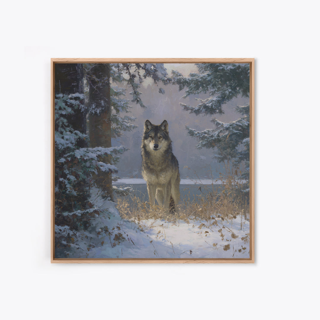 Wolf Standing Beneath Snowy Pine Trees Canvas Print, Wildlife Art, Wall Art, Living Room Decor, Fine Art, Wild, Modern Wall Art, WIL-1x1-99