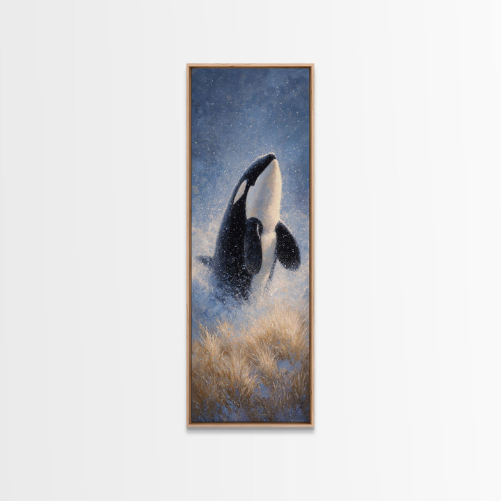 Orca Breaching in Cold Ocean Canvas Print, Wildlife Art, Modern Wall Art, Living Room Decor, Fine Art, Wild, Bird Wall Art, WIL-1x3-11