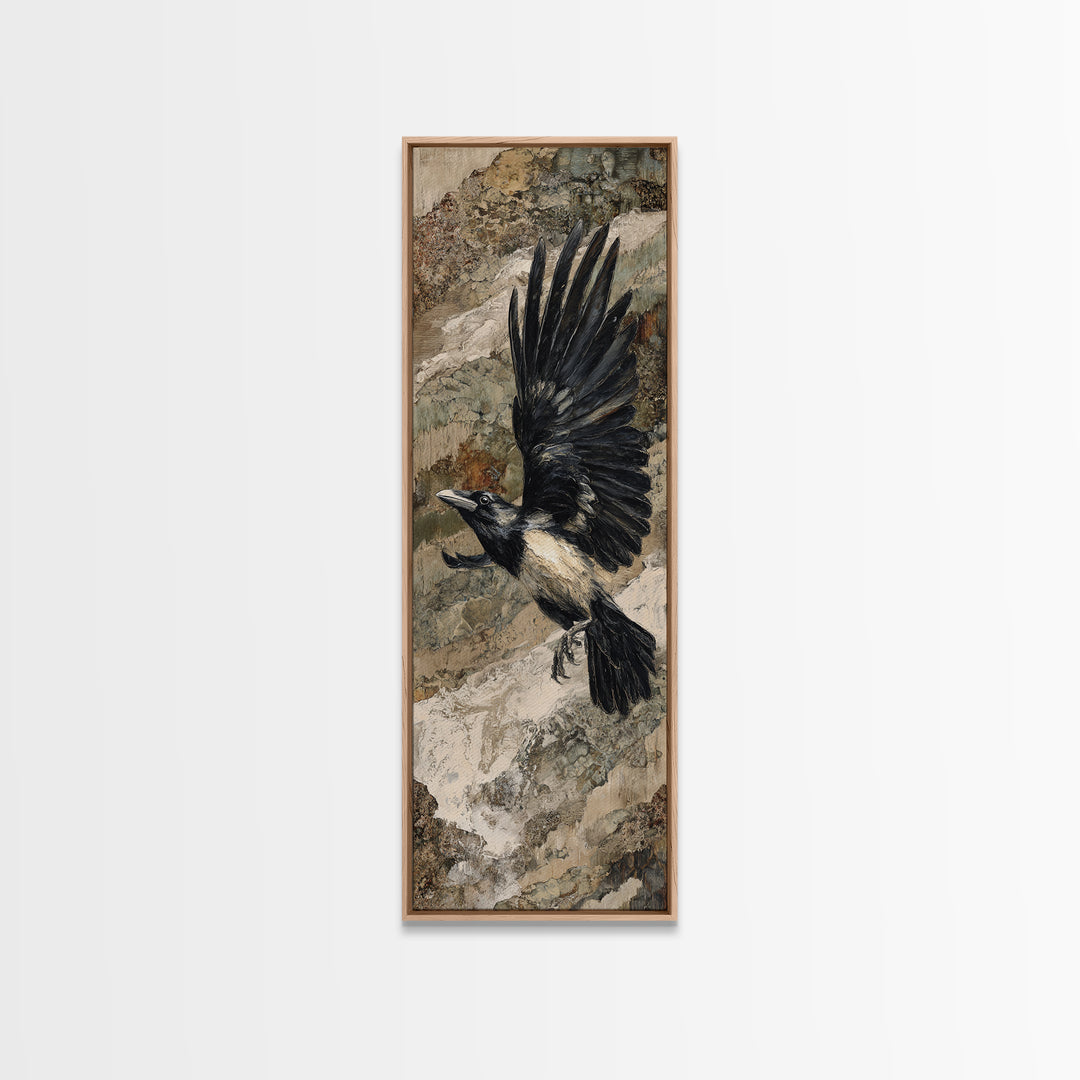 Raven Flying Through Snowy Mountains Canvas Print, Wildlife Art, Boho Decor, Living Room Decor, Fine Art, Wild, Painting, WIL-1x3-12