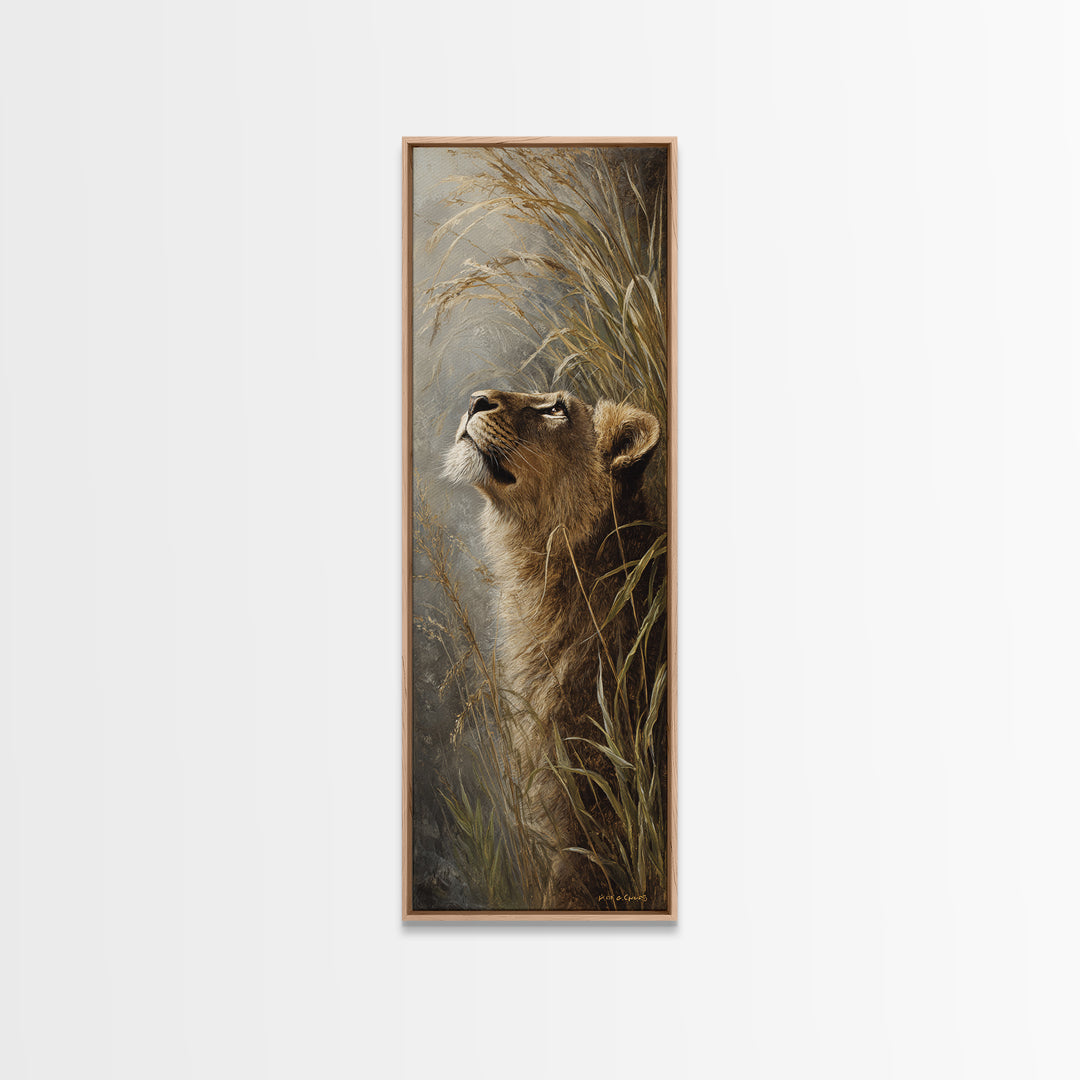 Lion Emerging from Golden Savanna Grass Canvas Print, Wildlife Art, Statement Artwork, Living Room Decor, Fine Art, Wild, WIL-1x3-13