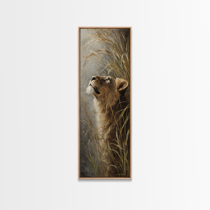 Lion Emerging from Golden Savanna Grass Canvas Print, Wildlife Art, Statement Artwork, Living Room Decor, Fine Art, Wild, WIL-1x3-13