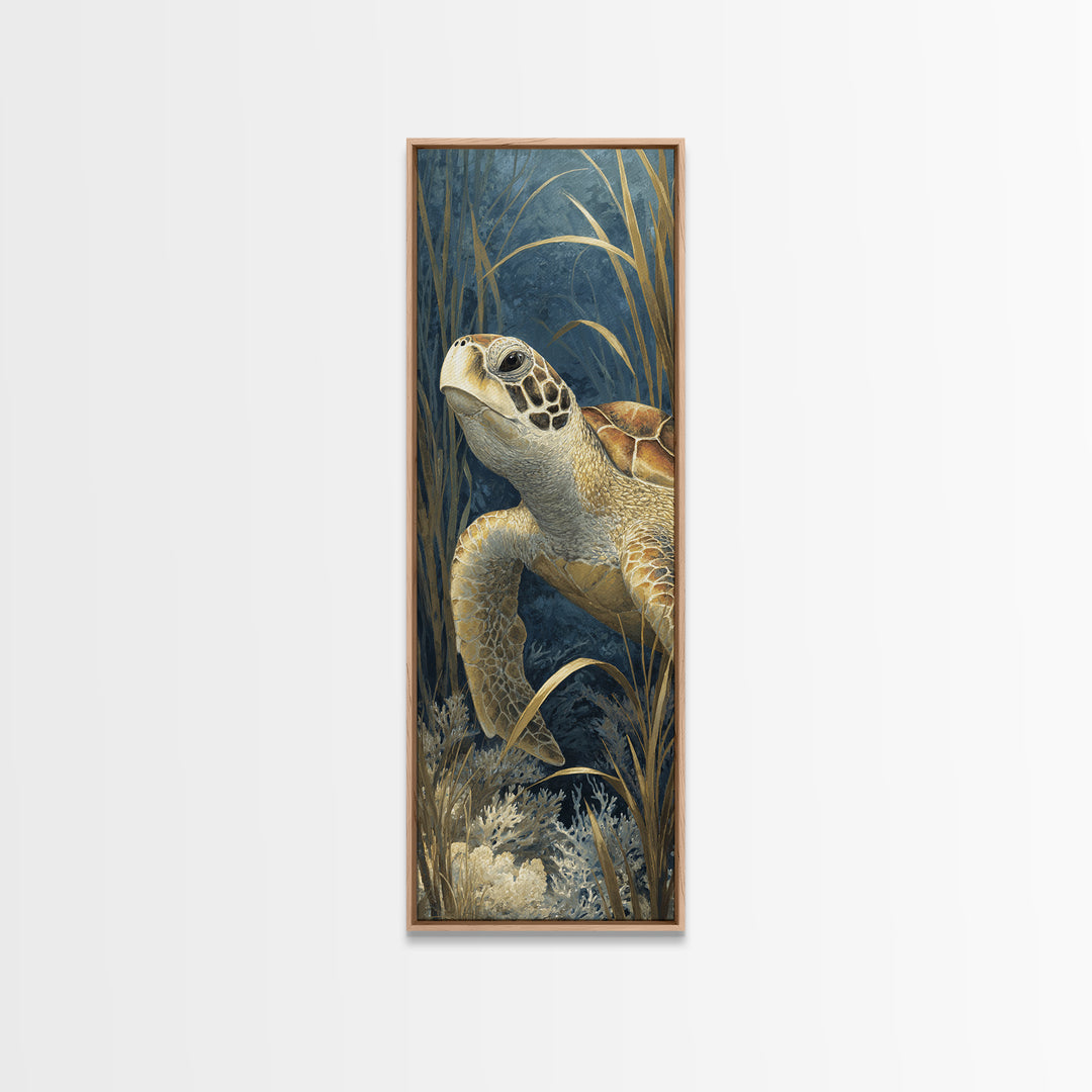Sea Turtle over Coral Reef Framed Canvas Print, Wildlife Art, Canvas Painting, Living Room Decor, Oil Painting, Wild, WIL-1x3-30