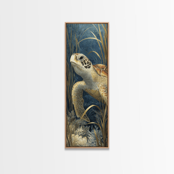 Sea Turtle over Coral Reef Framed Canvas Print, Wildlife Art, Canvas Painting, Living Room Decor, Oil Painting, Wild, WIL-1x3-30