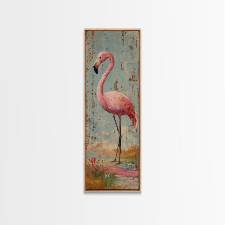 Flamingos in Pink Shallow Water Framed Canvas Print, Wildlife Art, Bird Wall Art, Living Room Decor, Watercolor Art, Wild, WIL-1x3-34