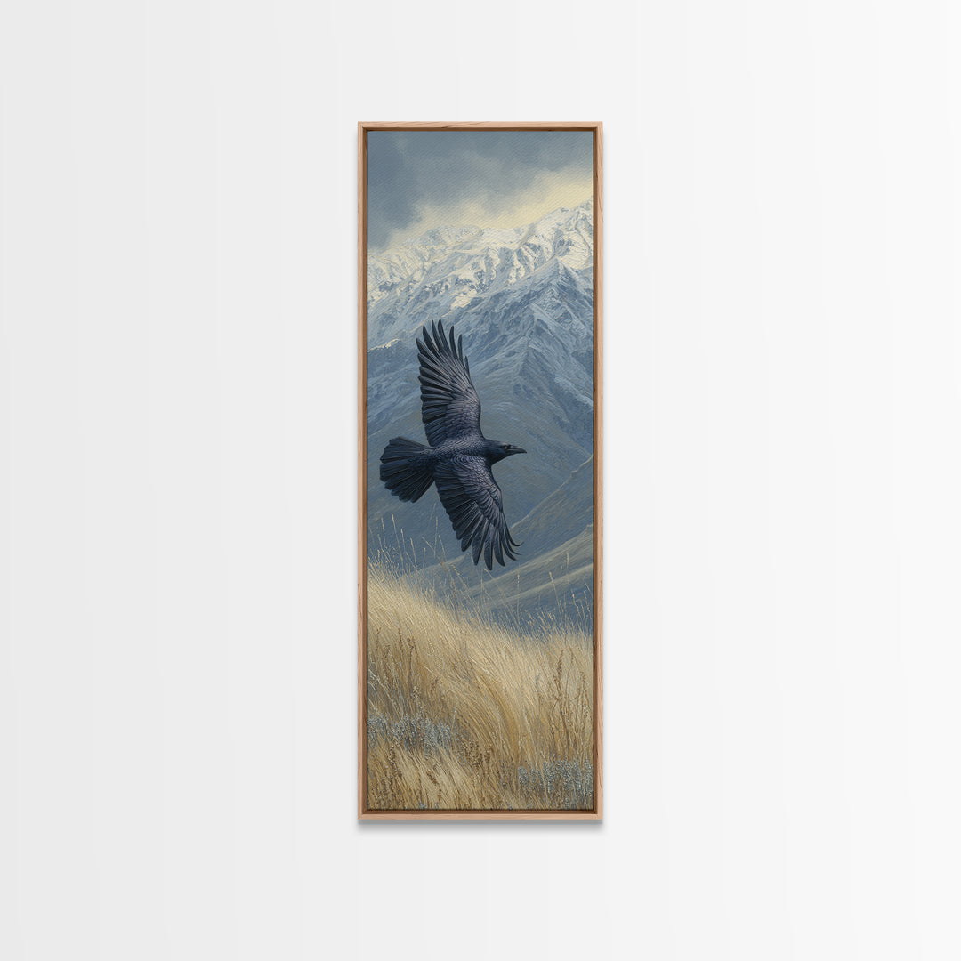 Raven Flying Through Snowy Mountains Framed Canvas Print, Wildlife Art, Living Room Decor, Watercolor Art, Wild, WIL-1x3-36