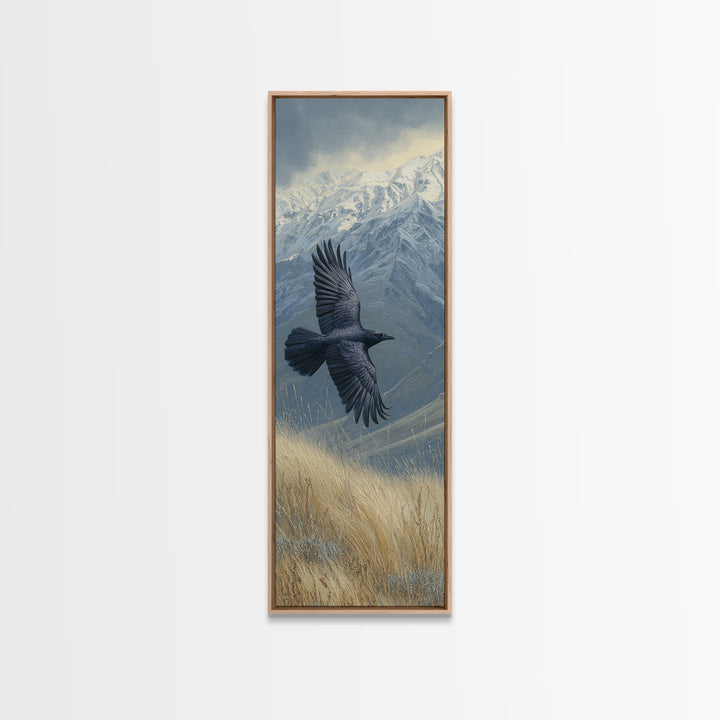 Raven Flying Through Snowy Mountains Framed Canvas Print, Wildlife Art, Living Room Decor, Watercolor Art, Wild, WIL-1x3-36