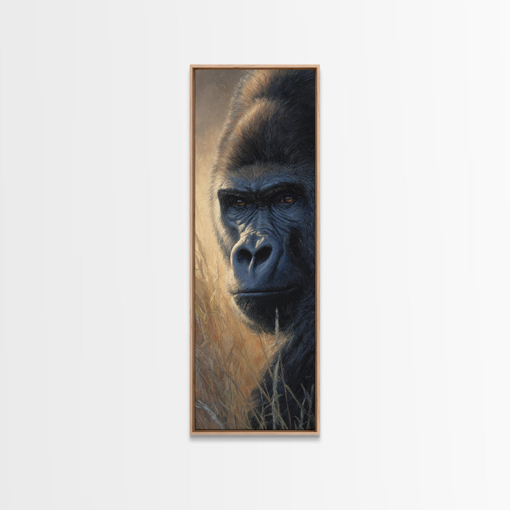 Gorilla Portrait with Powerful Gaze Canvas Print, Wildlife Art, Rustic Home Decor, Living Room Decor, Oil Painting, Wild, WIL-1x3-5