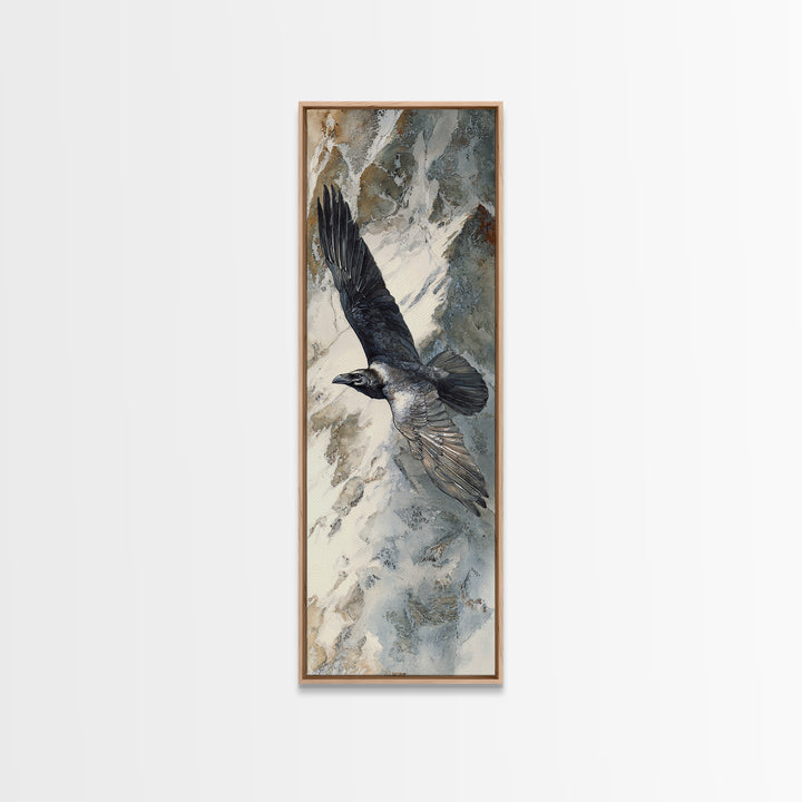 Raven Flying Through Snowy Mountains Canvas Print, Wildlife Art, Wall Decor, Living Room Decor, Wild, Living Room Wall Art, WIL-1x3-60