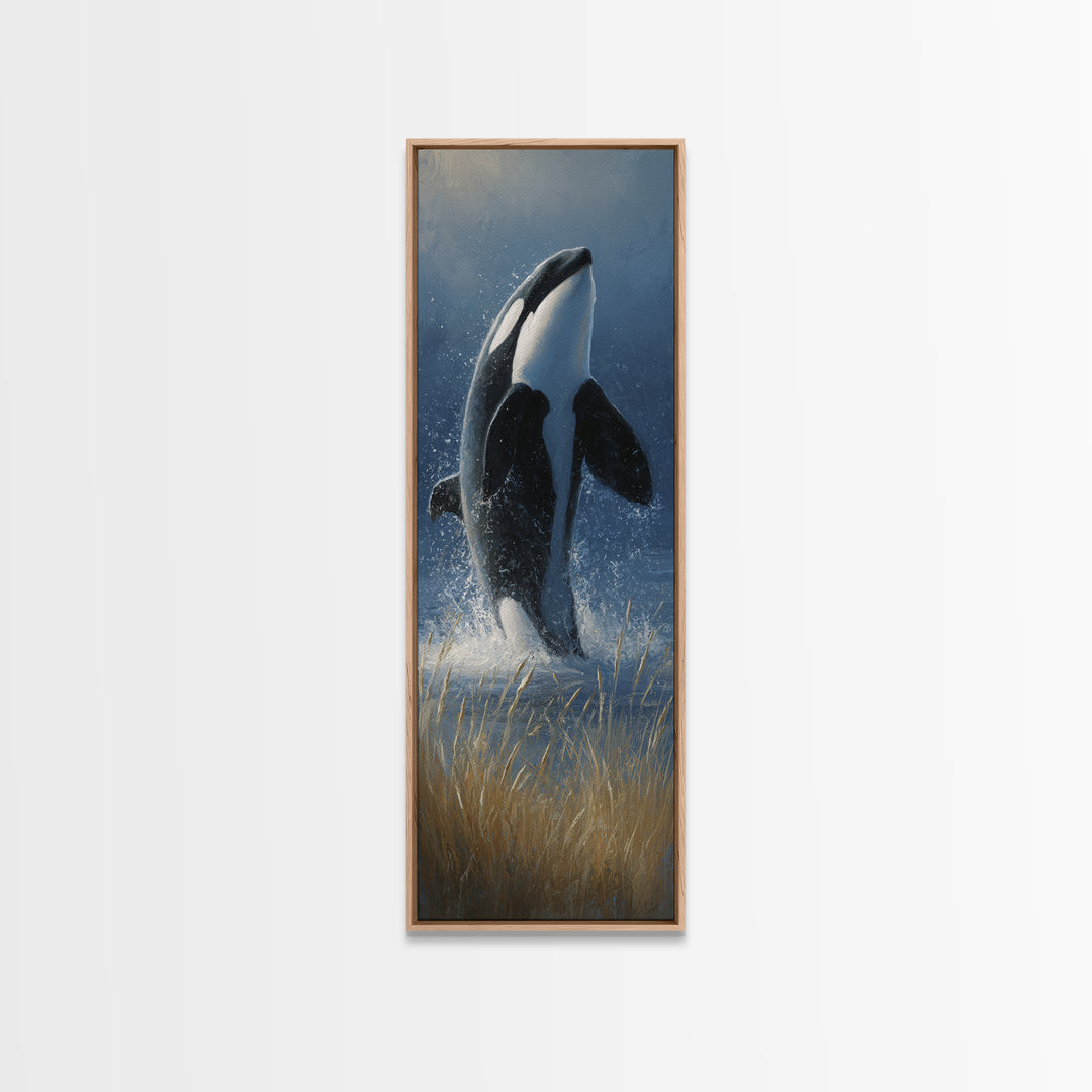 Orca Breaching in Cold Ocean Framed Canvas Print, Wildlife Art, Bird Art, Living Room Decor, Fine Art, Wild, Original Artwork, WIL-1x3-83