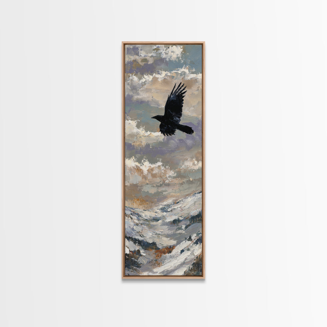 Raven Flying Through Snowy Mountains Framed Canvas Print, Wildlife Art, Original Art, Living Room Decor, Oil Painting, Wild, WIL-1x3-84