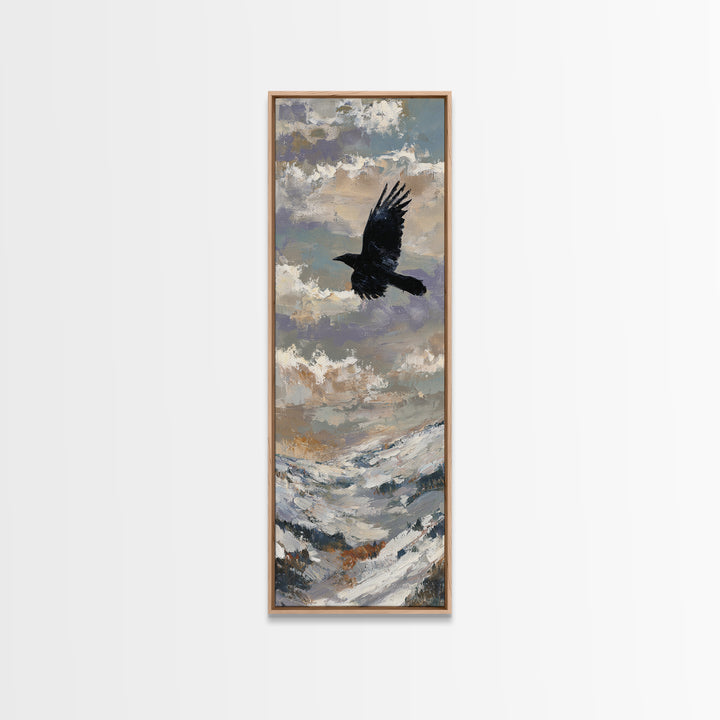 Raven Flying Through Snowy Mountains Framed Canvas Print, Wildlife Art, Original Art, Living Room Decor, Oil Painting, Wild, WIL-1x3-84