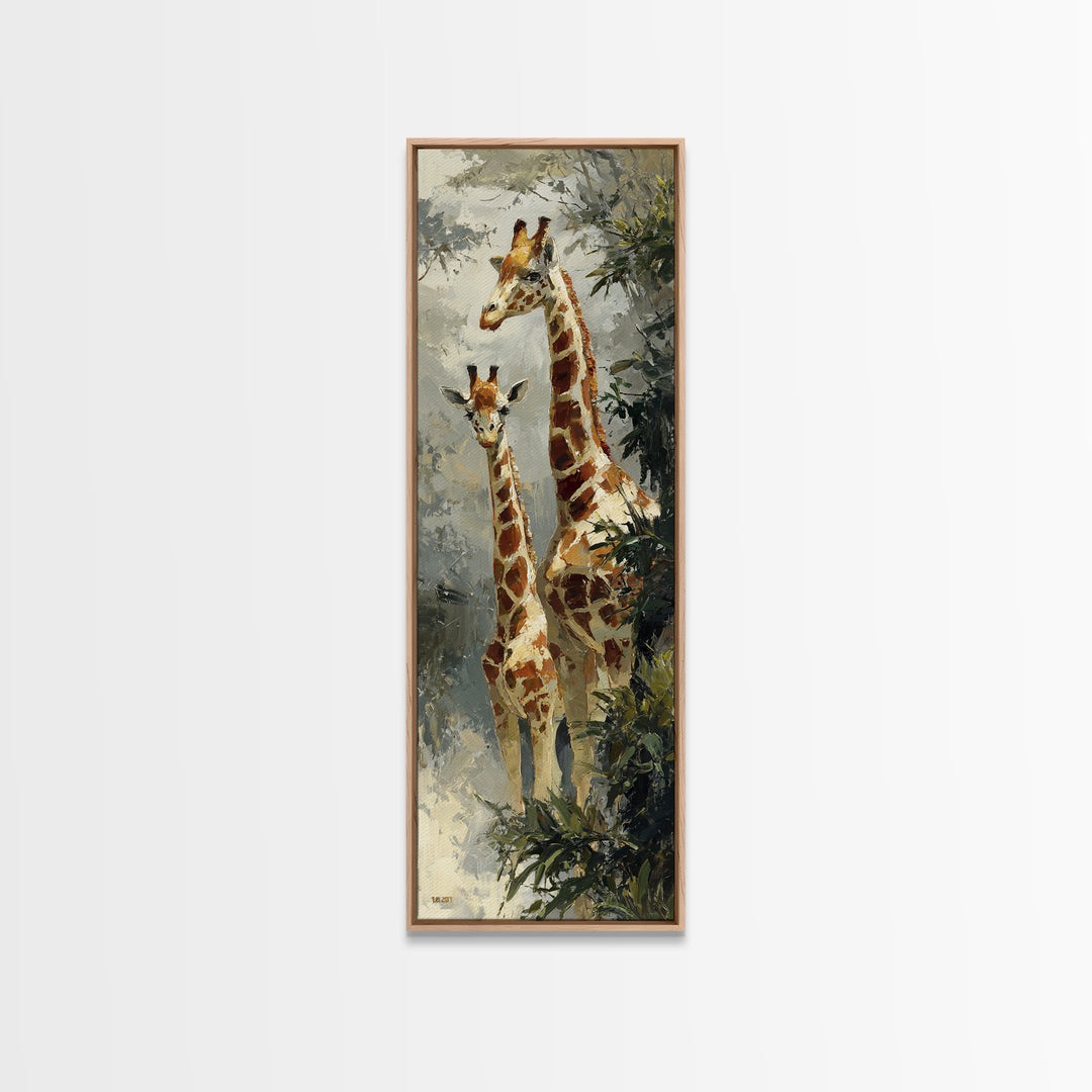 Giraffe Pair under Acacia Tree Framed Canvas Print, Wildlife Art, Bird Wall Art, Living Room Decor, Oil Painting, Wild, WIL-1x3-91