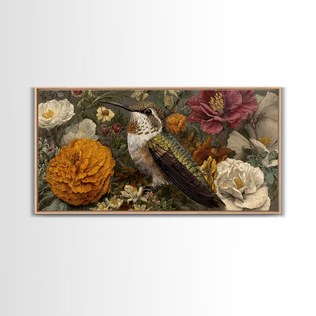 Hummingbird Beside Bright Flowers Framed Canvas Print, Wildlife Art, Art Print, Living Room Decor, Watercolor Art, Wild, WIL-2x1-12