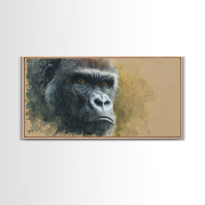 Gorilla Portrait with Powerful Gaze Framed Canvas Print, Wildlife Art, Minimalist Decor, Living Room Decor, Oil Painting, Wild, WIL-2x1-13