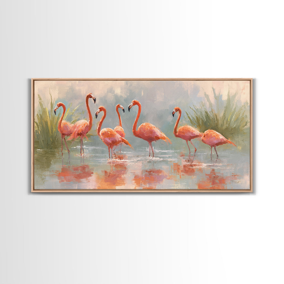 Flamingos in Pink Shallow Water Framed Canvas Print, Wildlife Art, Statement Artwork, Living Room Decor, Fine Art, Wild, WIL-2x1-18