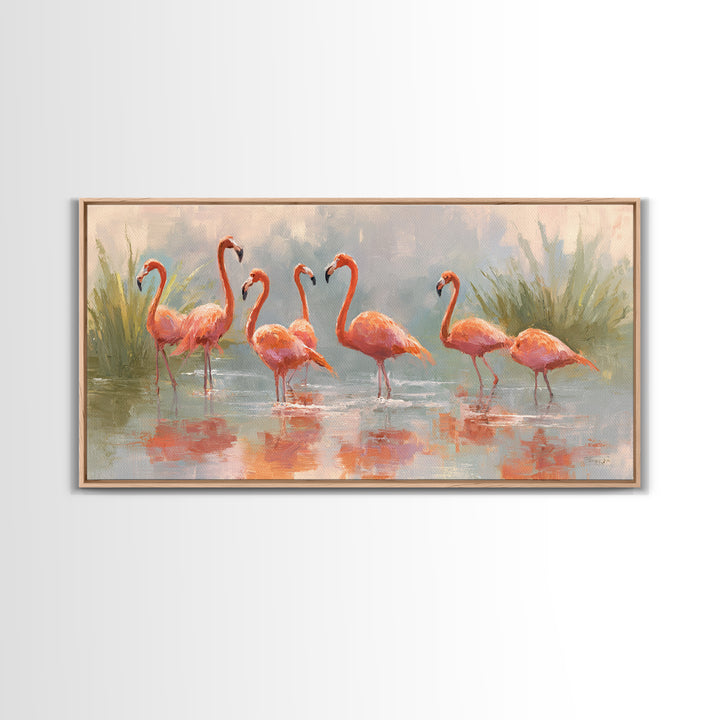 Flamingos in Pink Shallow Water Framed Canvas Print, Wildlife Art, Statement Artwork, Living Room Decor, Fine Art, Wild, WIL-2x1-18