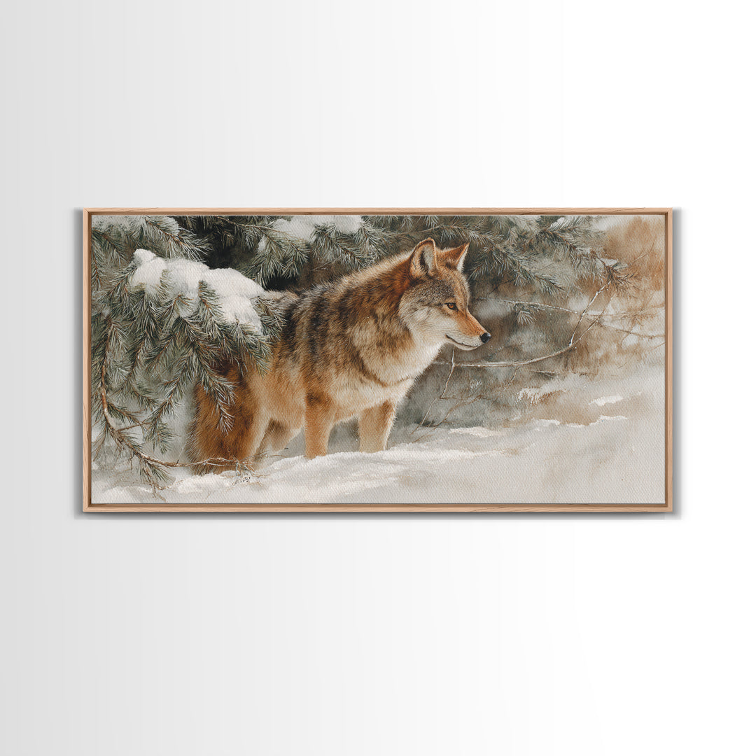 Wolf Standing Beneath Snowy Pine Trees Framed Canvas Print, Wildlife Art, Oil Painting, Living Room Decor, Watercolor Art, Wild, WIL-2x1-23