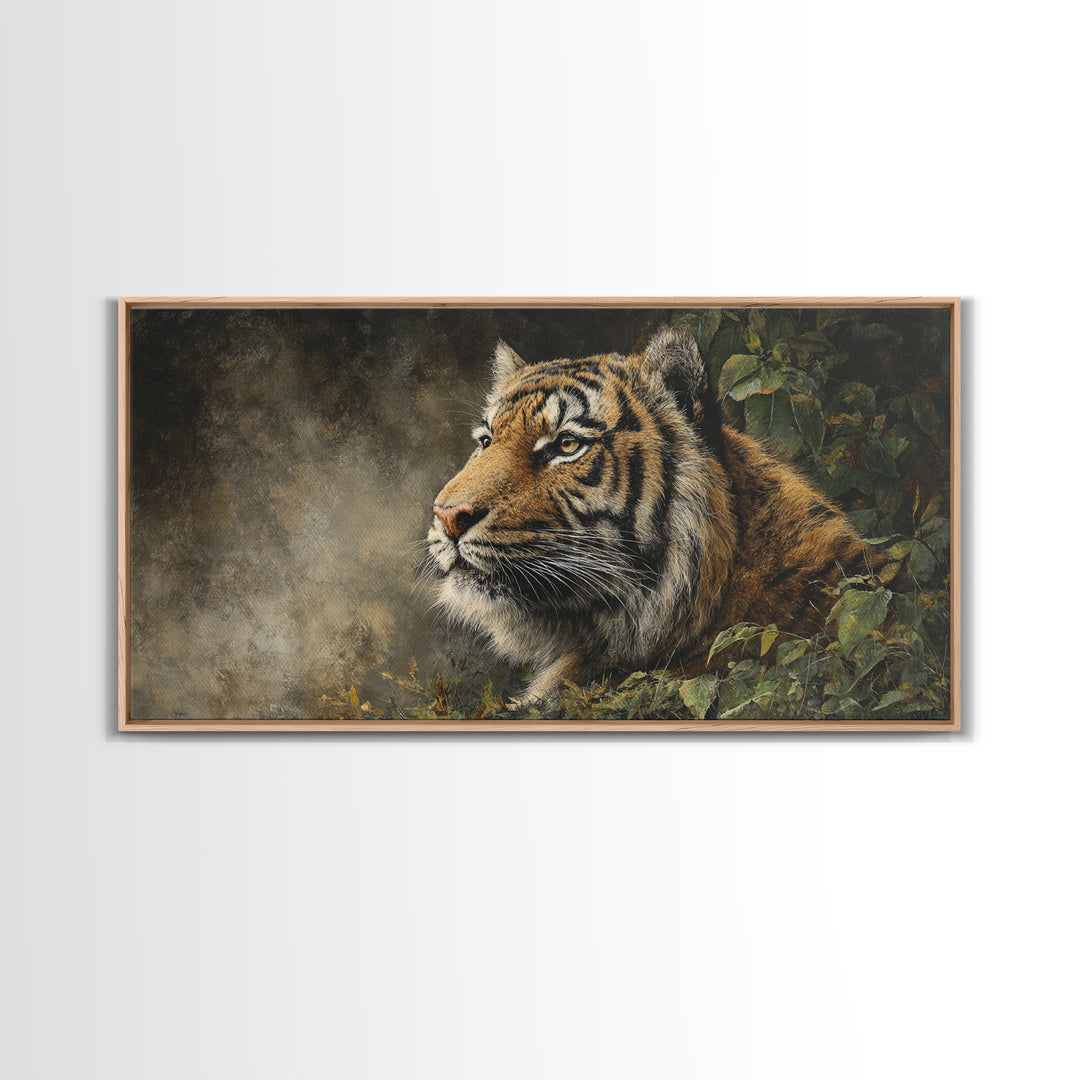 Tiger Portrait with Jungle Shadows Framed Canvas Print, Wildlife Art, Home Decor, Living Room Decor, Wild, Boho Wall Decor, WIL-2x1-25