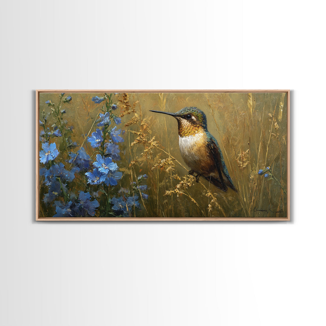 Hummingbird Beside Bright Flowers Canvas Print, Wildlife Art, Wall Art, Living Room Decor, Fine Art, Wild, Modern Wall Art, WIL-2x1-36