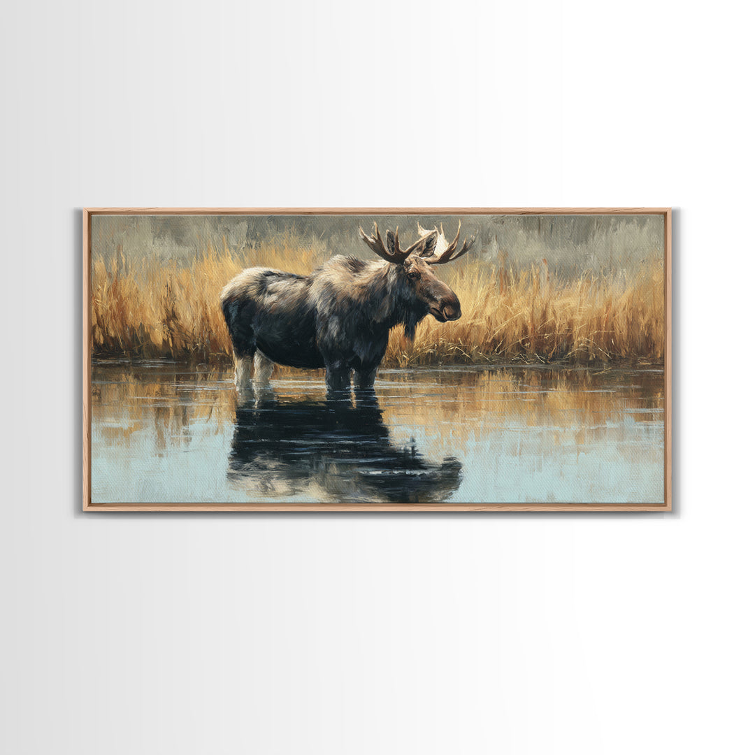 Moose Standing in Reflective Lake Canvas Print, Wildlife Art, Painting, Living Room Decor, Fine Art, Wild, Living Room Wall Art, WIL-2x1-39