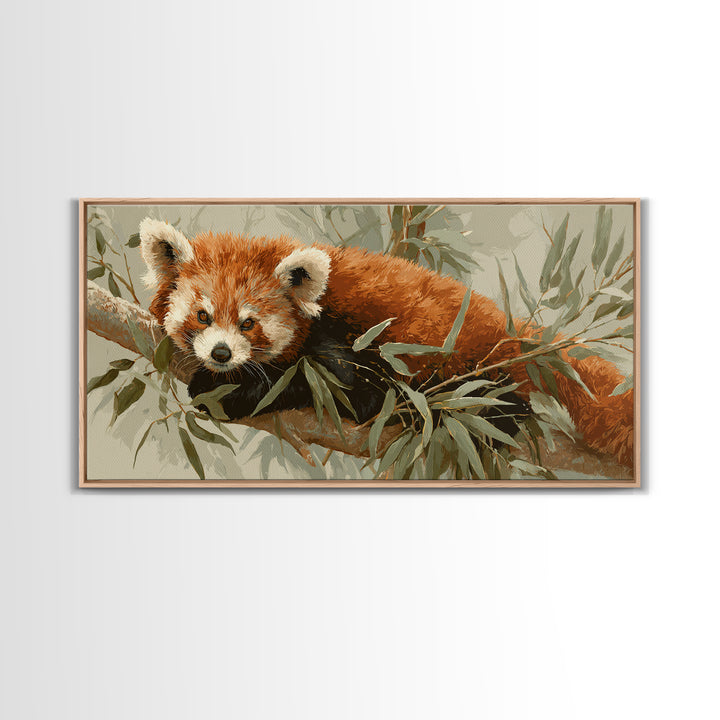 Red Panda Among Bamboo Leaves Framed Canvas Print, Wildlife Art, Home Decor, Living Room Decor, Fine Art, Wild, Boho Wall Decor, WIL-2x1-40
